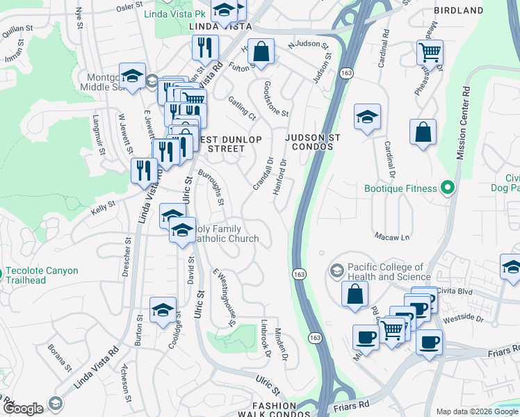 map of restaurants, bars, coffee shops, grocery stores, and more near 7459 Bookham Court in San Diego