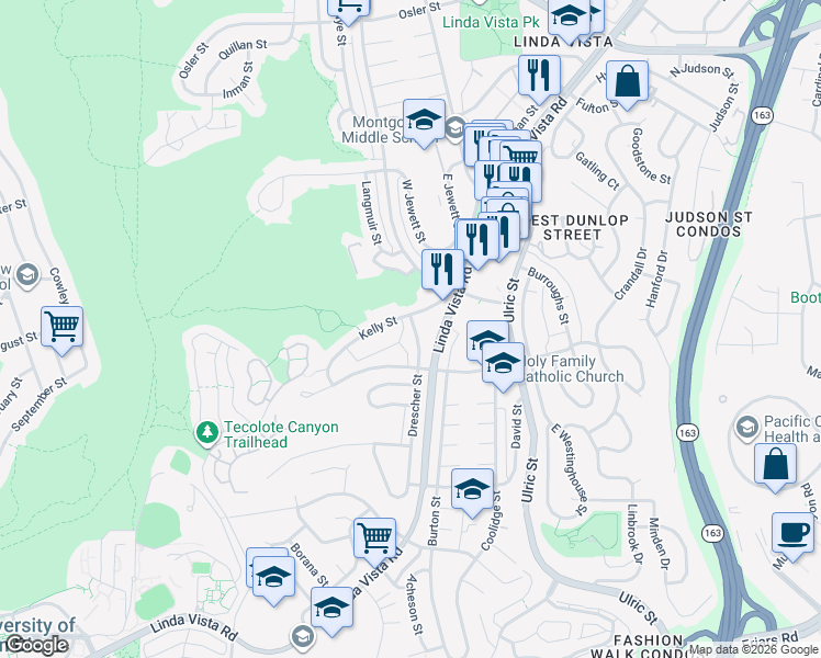 map of restaurants, bars, coffee shops, grocery stores, and more near 6728 Kelly Street in San Diego