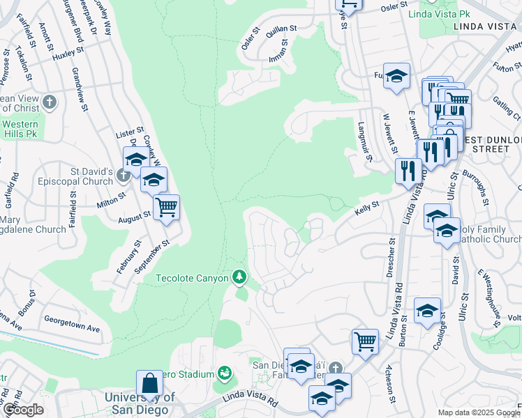 map of restaurants, bars, coffee shops, grocery stores, and more near 6311 Caminito Del Pastel in San Diego