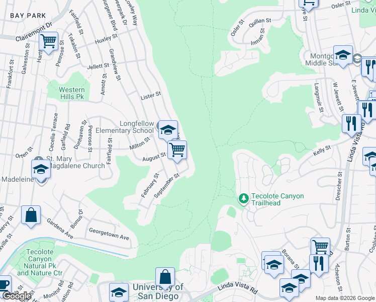 map of restaurants, bars, coffee shops, grocery stores, and more near 2175 Cowley Way in San Diego