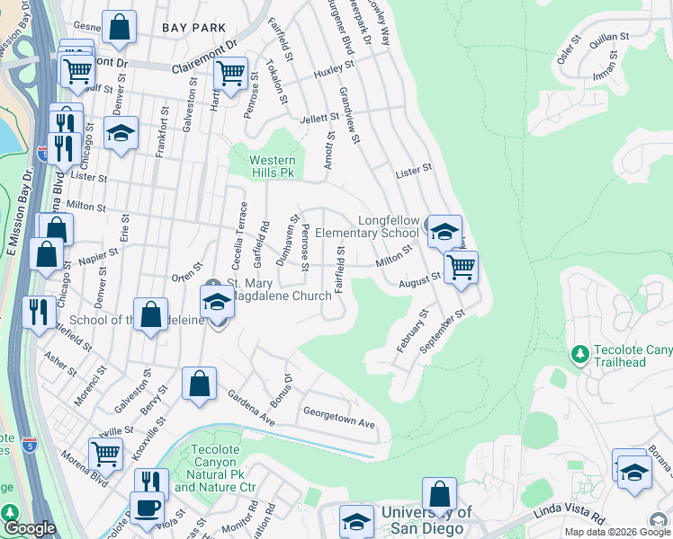 map of restaurants, bars, coffee shops, grocery stores, and more near 2201 Tokalon Street in San Diego