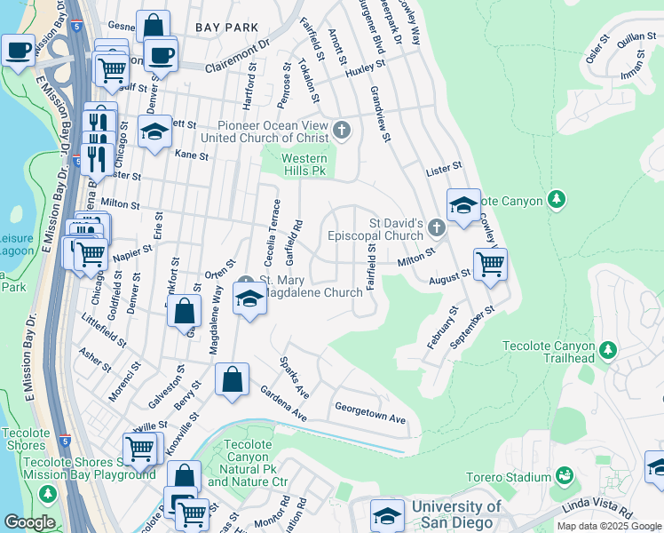 map of restaurants, bars, coffee shops, grocery stores, and more near 2204 Penrose Street in San Diego