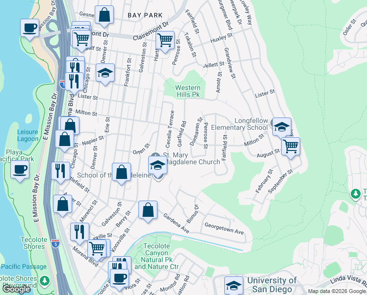 map of restaurants, bars, coffee shops, grocery stores, and more near 2111 Garfield Road in San Diego