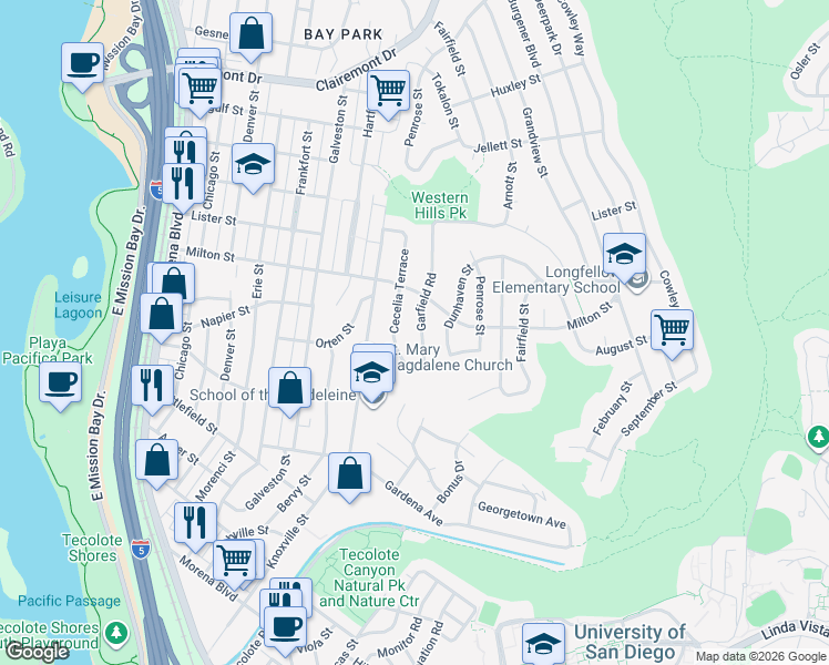 map of restaurants, bars, coffee shops, grocery stores, and more near 2111 Garfield Road in San Diego