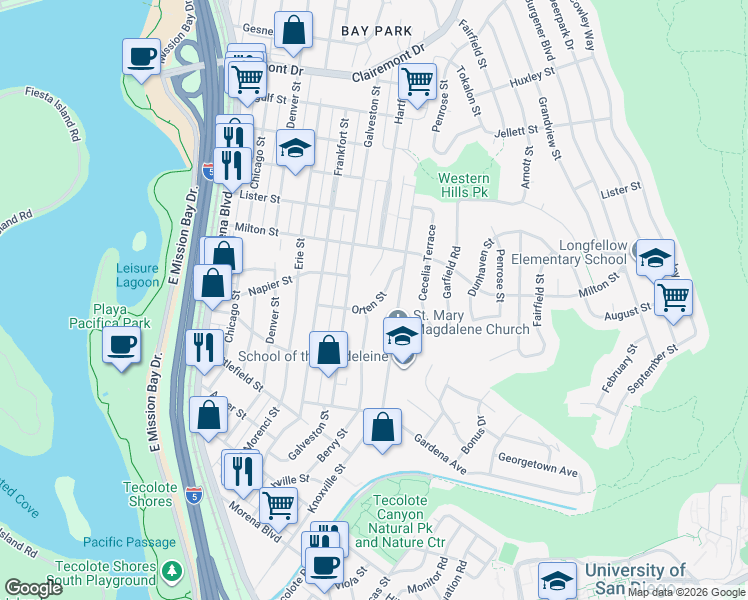 map of restaurants, bars, coffee shops, grocery stores, and more near 4737 Orten Street in San Diego