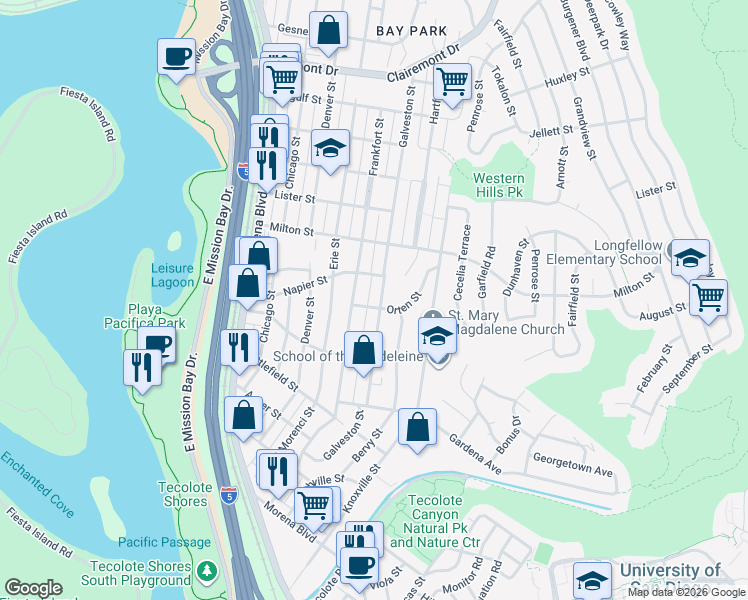 map of restaurants, bars, coffee shops, grocery stores, and more near 2047 Galveston Street in San Diego