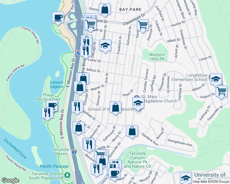 map of restaurants, bars, coffee shops, grocery stores, and more near 2024 Frankfort Street in San Diego