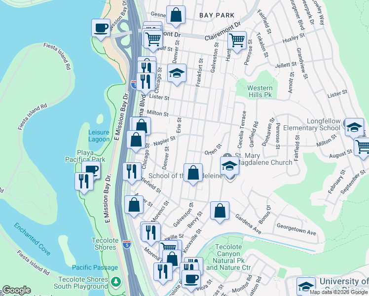 map of restaurants, bars, coffee shops, grocery stores, and more near 2024 Frankfort Street in San Diego