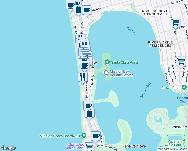map of restaurants, bars, coffee shops, grocery stores, and more near 815 Santa Clara Place in San Diego