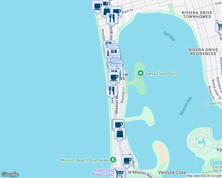 map of restaurants, bars, coffee shops, grocery stores, and more near 19 Ocean Front Walk in San Diego