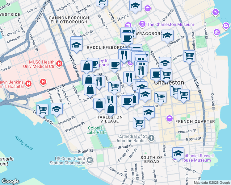 map of restaurants, bars, coffee shops, grocery stores, and more near 34 Pitt Street in Charleston