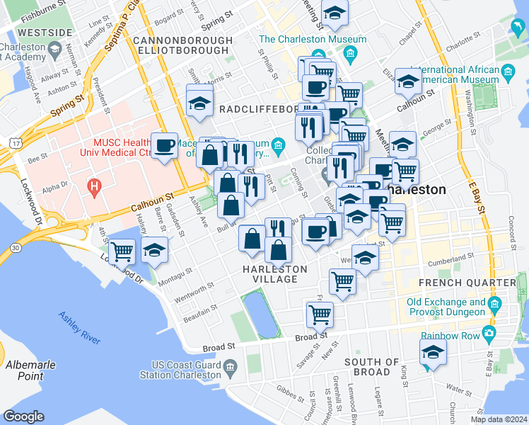 map of restaurants, bars, coffee shops, grocery stores, and more near 52 Bull Street in Charleston