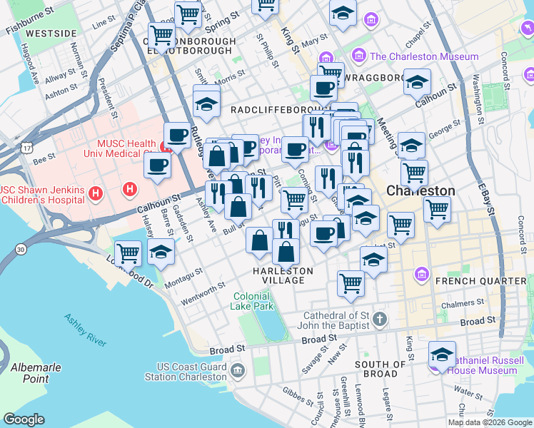 map of restaurants, bars, coffee shops, grocery stores, and more near 52 Bull Street in Charleston