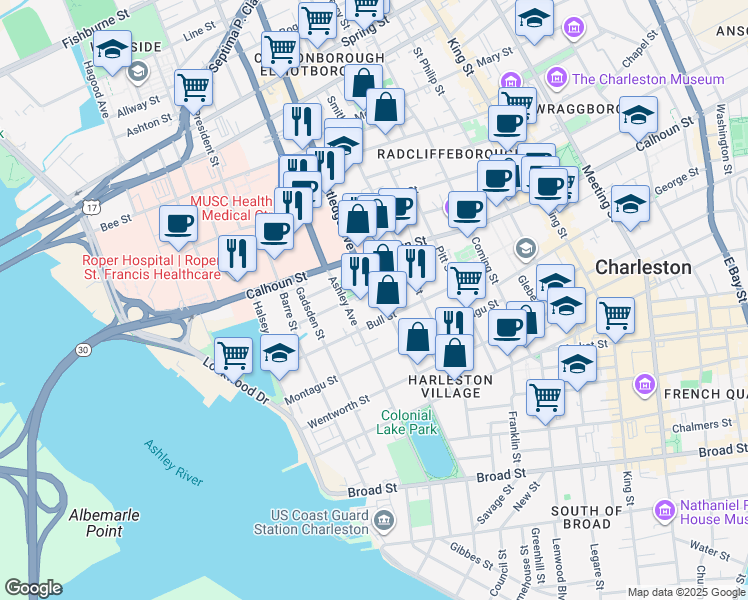 map of restaurants, bars, coffee shops, grocery stores, and more near 131 Rutledge Avenue in Charleston