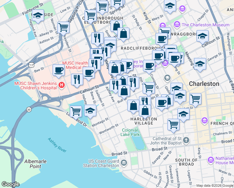 map of restaurants, bars, coffee shops, grocery stores, and more near 131 Rutledge Avenue in Charleston