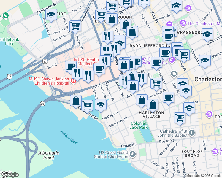 map of restaurants, bars, coffee shops, grocery stores, and more near 133 Ashley Avenue in Charleston