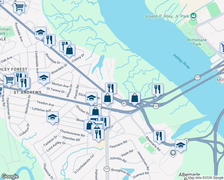 map of restaurants, bars, coffee shops, grocery stores, and more near 736 Woodward Road in Charleston