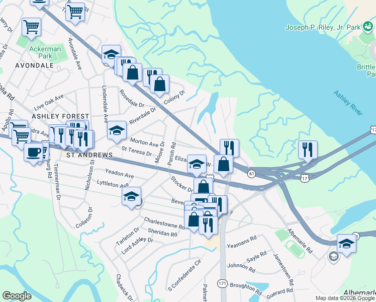 map of restaurants, bars, coffee shops, grocery stores, and more near 563 Godfrey Park Place in Charleston