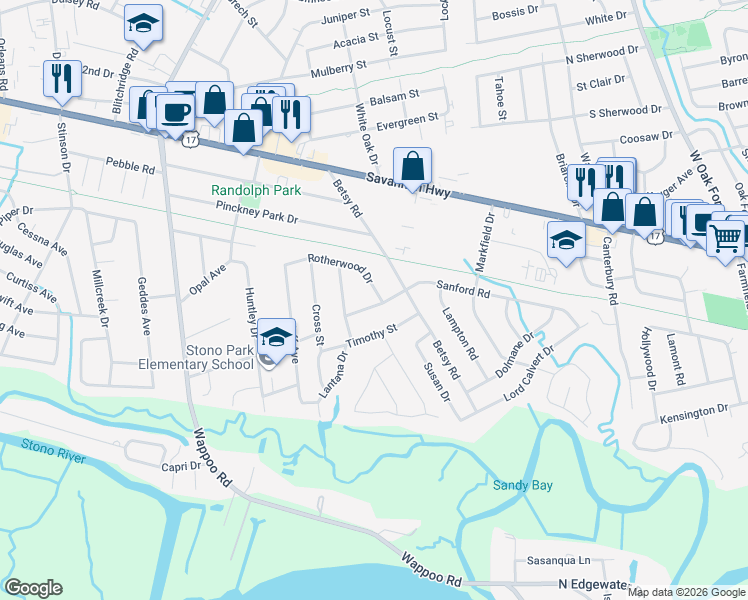 map of restaurants, bars, coffee shops, grocery stores, and more near 409 Rotherwood Drive in Charleston