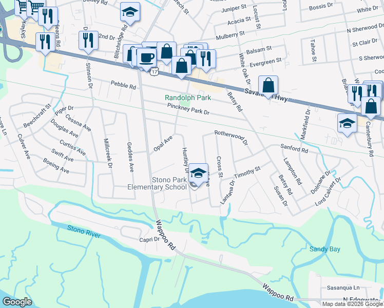 map of restaurants, bars, coffee shops, grocery stores, and more near 364 Huntley Drive in Charleston