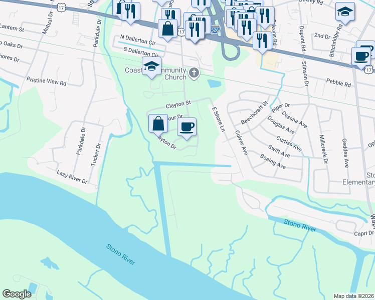 map of restaurants, bars, coffee shops, grocery stores, and more near 340 Clayton Drive in Charleston