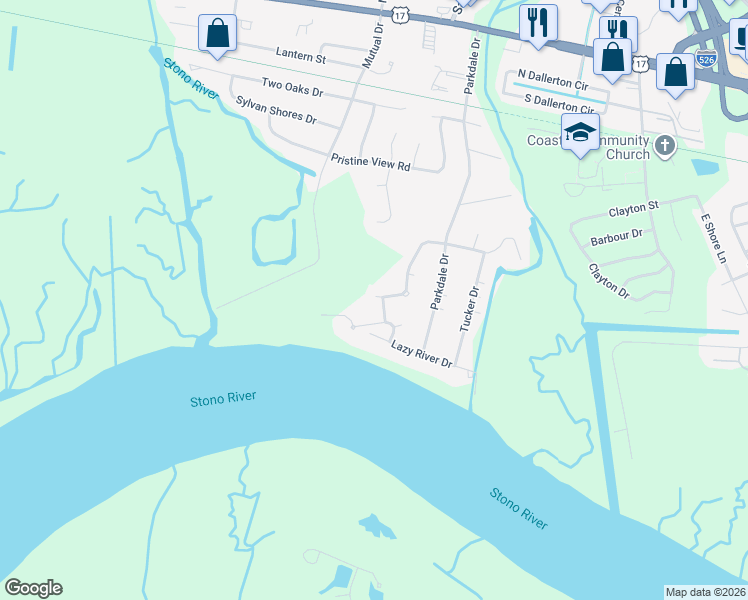 map of restaurants, bars, coffee shops, grocery stores, and more near 2392 Park Stone Drive in Charleston