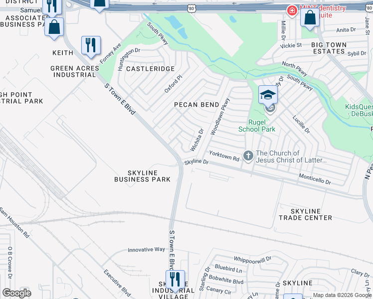 map of restaurants, bars, coffee shops, grocery stores, and more near 3151 Wichita Drive in Mesquite