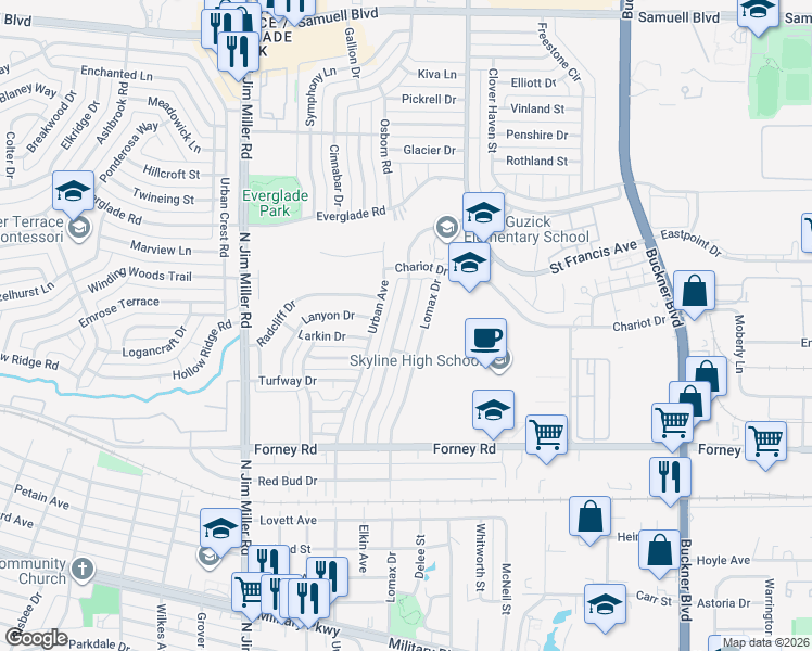 map of restaurants, bars, coffee shops, grocery stores, and more near 4933 Lomax Drive in Dallas