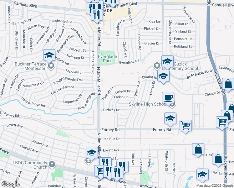 map of restaurants, bars, coffee shops, grocery stores, and more near 7121 Lanyon Drive in Dallas