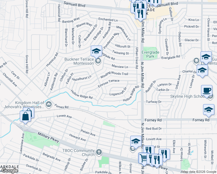 map of restaurants, bars, coffee shops, grocery stores, and more near 5718 Emrose Terrace in Dallas