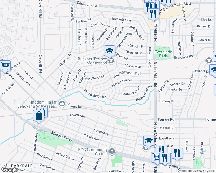map of restaurants, bars, coffee shops, grocery stores, and more near 5645 Emrose Terrace in Dallas