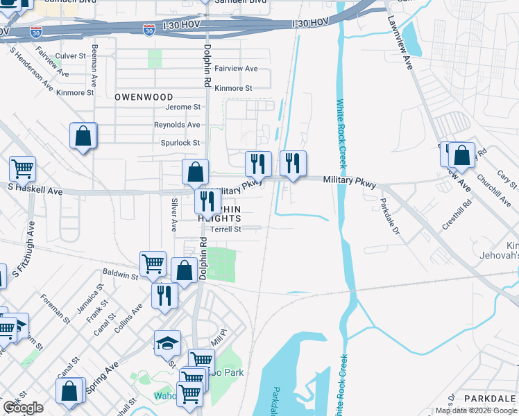 map of restaurants, bars, coffee shops, grocery stores, and more near 3539 Beall Street in Dallas