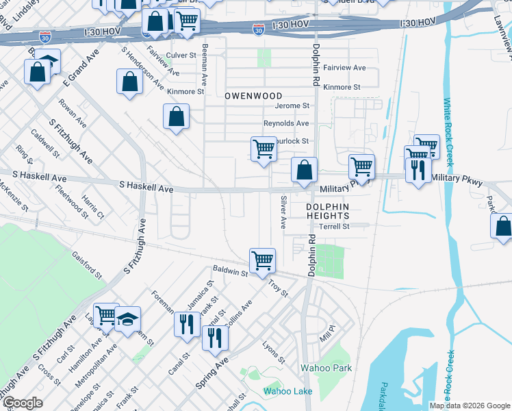 map of restaurants, bars, coffee shops, grocery stores, and more near 3133 South Haskell Avenue in Dallas
