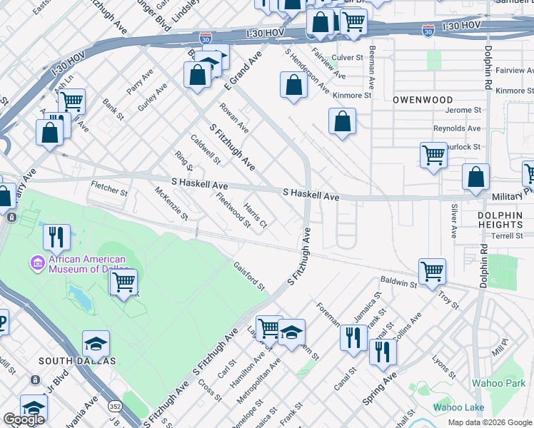 map of restaurants, bars, coffee shops, grocery stores, and more near 1623 South Fitzhugh Avenue in Dallas