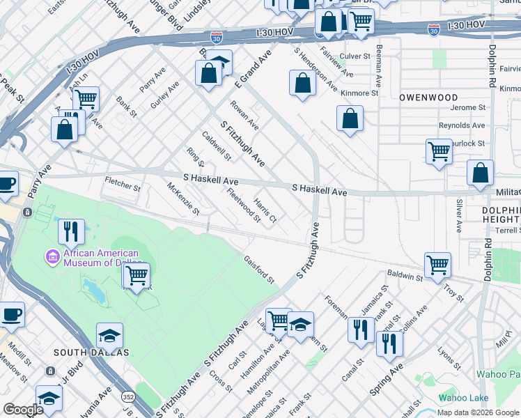 map of restaurants, bars, coffee shops, grocery stores, and more near 1542 Harris Court in Dallas
