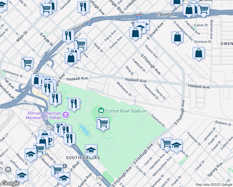map of restaurants, bars, coffee shops, grocery stores, and more near 1309 Fletcher Street in Dallas