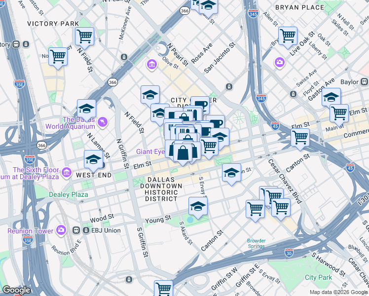 map of restaurants, bars, coffee shops, grocery stores, and more near 223 North Ervay Street in Dallas