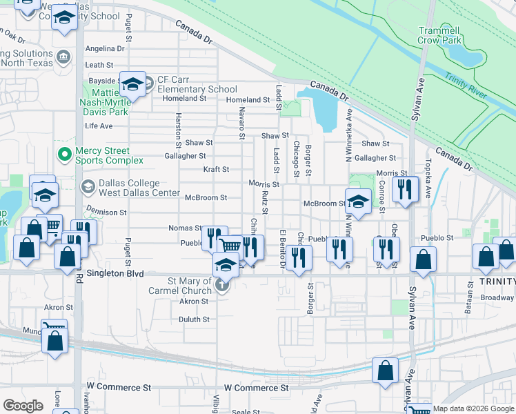 map of restaurants, bars, coffee shops, grocery stores, and more near 3322 Navaro Street in Dallas