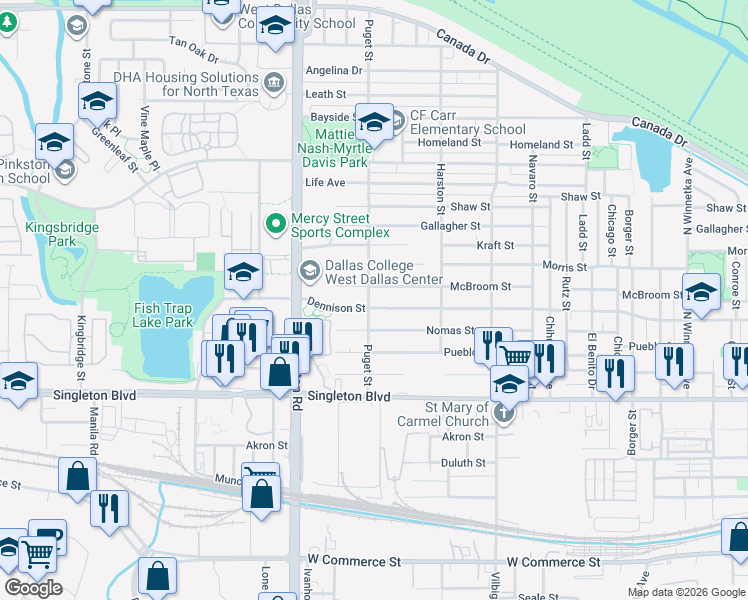map of restaurants, bars, coffee shops, grocery stores, and more near 3303-3315 Puget Street in Dallas