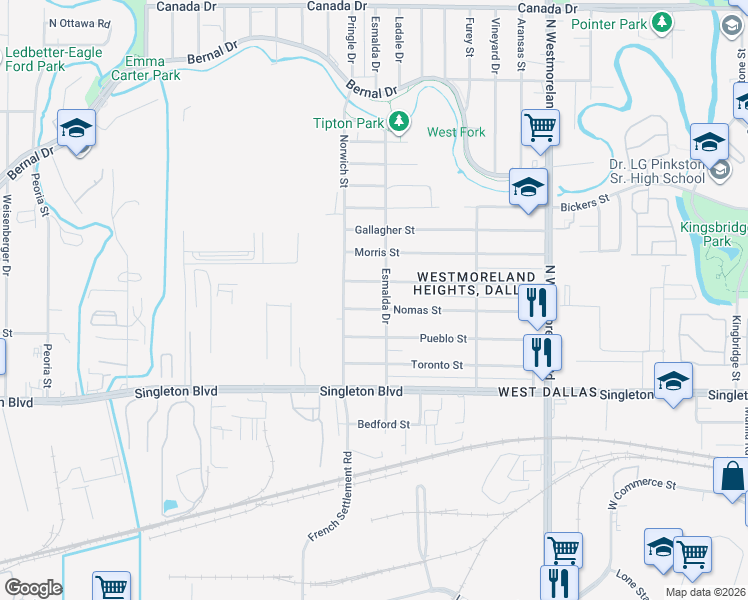 map of restaurants, bars, coffee shops, grocery stores, and more near 3726 McBroom Street in Dallas