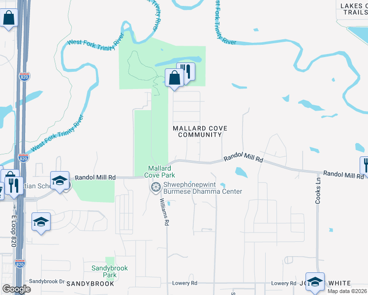 map of restaurants, bars, coffee shops, grocery stores, and more near 133 Flyaway Lane in Fort Worth