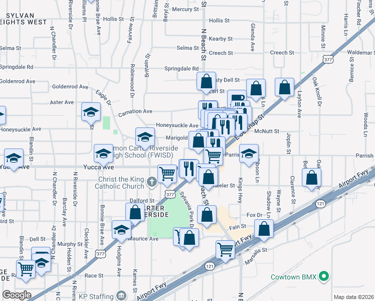 map of restaurants, bars, coffee shops, grocery stores, and more near 3813 Primrose Avenue in Fort Worth