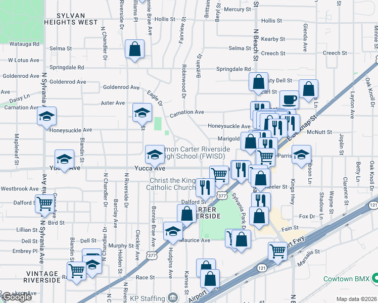 map of restaurants, bars, coffee shops, grocery stores, and more near 1409 Eagle Drive in Fort Worth