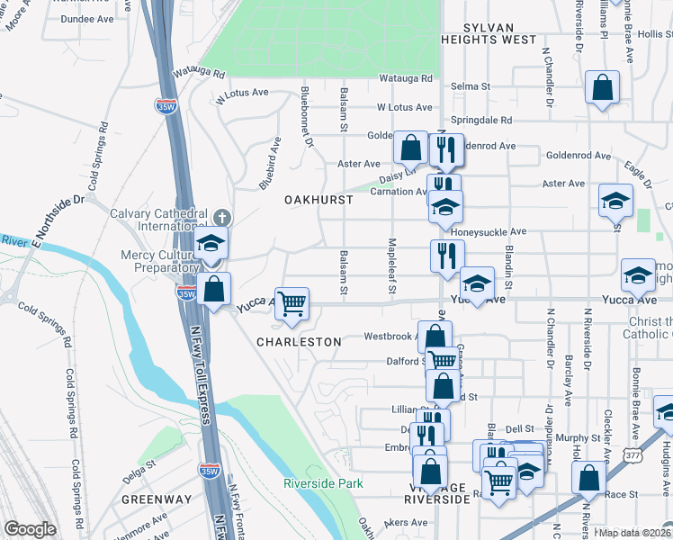 map of restaurants, bars, coffee shops, grocery stores, and more near 2212 Marigold Avenue in Fort Worth