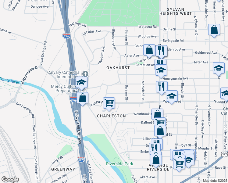 map of restaurants, bars, coffee shops, grocery stores, and more near 1408 Bluebonnet Drive in Fort Worth