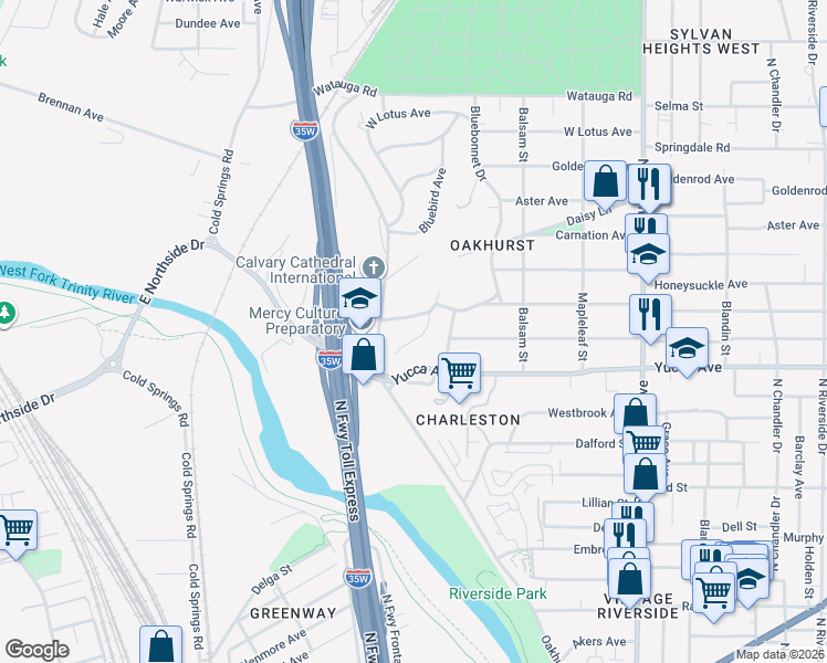 map of restaurants, bars, coffee shops, grocery stores, and more near 1942 Marigold Avenue in Fort Worth