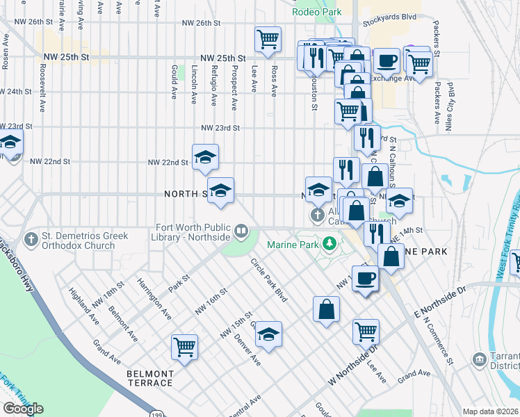 map of restaurants, bars, coffee shops, grocery stores, and more near 2019 Ross Avenue in Fort Worth