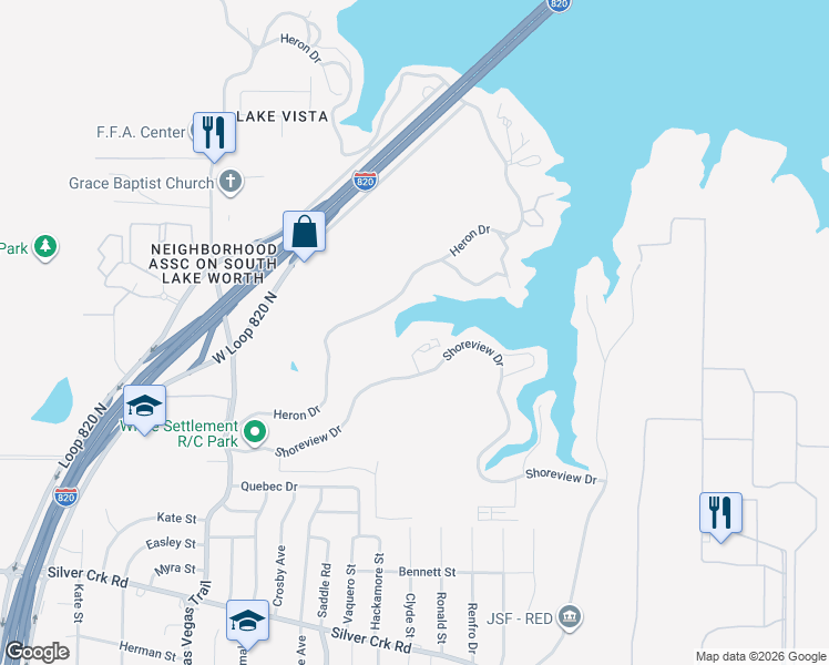 map of restaurants, bars, coffee shops, grocery stores, and more near 8328 Shore View Court in Fort Worth
