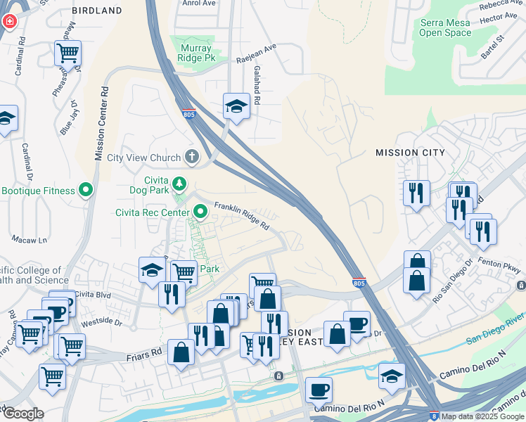 map of restaurants, bars, coffee shops, grocery stores, and more near 3032 Marquee Way in San Diego
