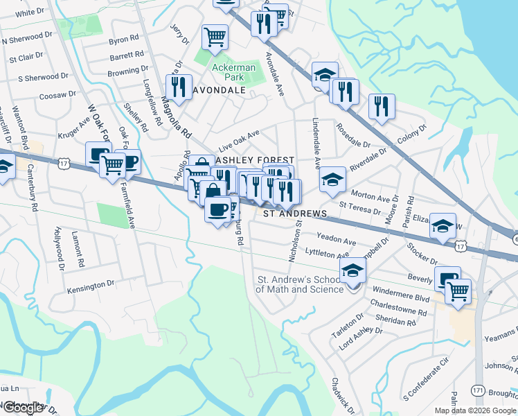 map of restaurants, bars, coffee shops, grocery stores, and more near 834 Savannah Highway in Charleston